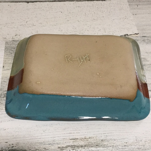 Blue/brown/tan stripes with brown dots handcrafted signed deep pottery tray - Picture 2 of 4
